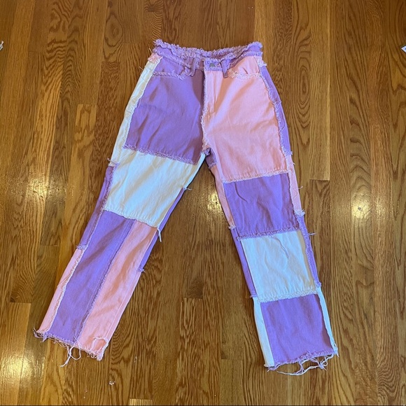 Pants - y2k purple and pink patchwork pants/jeans
